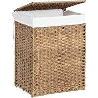 SONGMICS 90L Cesta de la Ropa- Tejida a Mano- Cesta de la Colada de Ratán Sintético con Tapa y Asas- Plegable- Bolsa con…